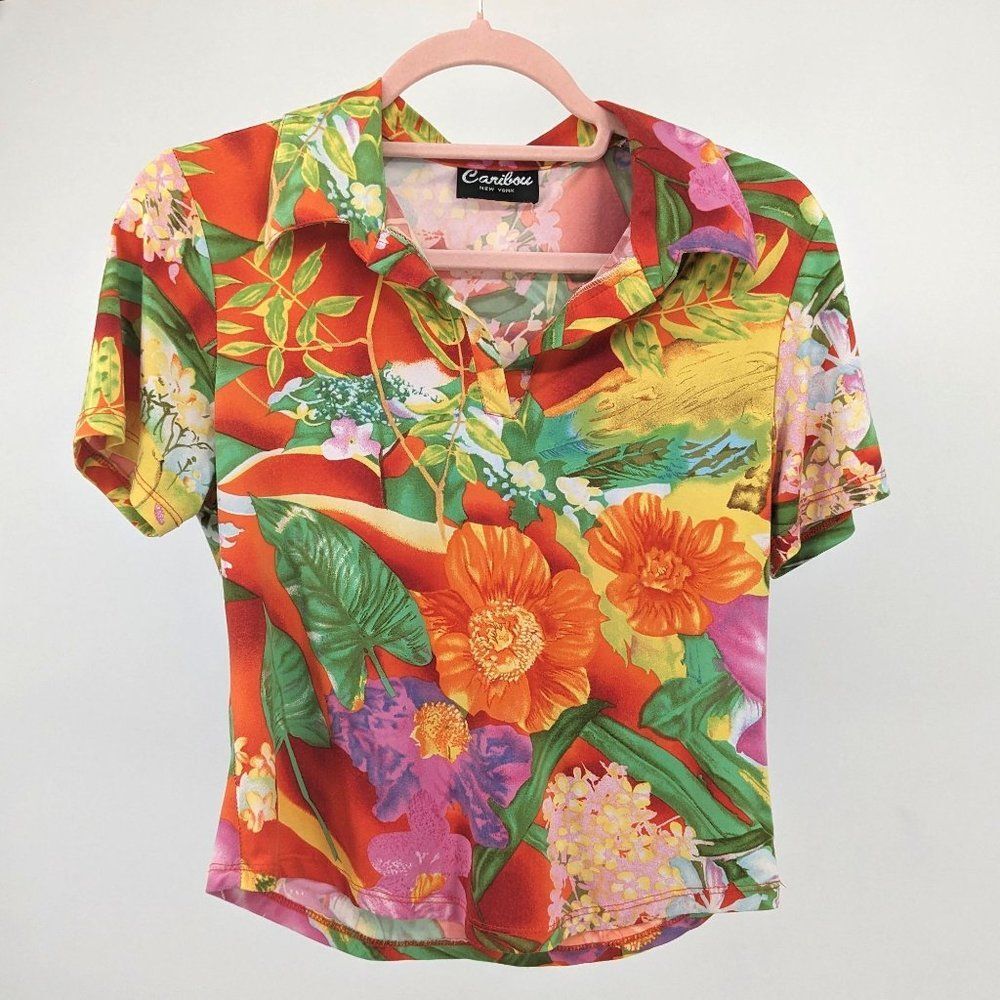 Vintage 1970s Caribou New York Shirt Floral Collar Hawaiian Made in USA Small